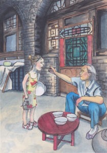 Illustratie van een oude stad in China waar een vrouw een meisje rijst laat proeven.