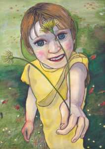 Foto van een meisje met een geel t-shirt die een paardenbloem aanbiedt aan de kijker. Van mijn originele tekening 'Dandelion' geplaatst in de galerij van mijn producten pagina original art in de webshop.