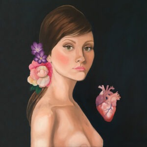 Picture of reproduction oil painting woman with flowers and heart