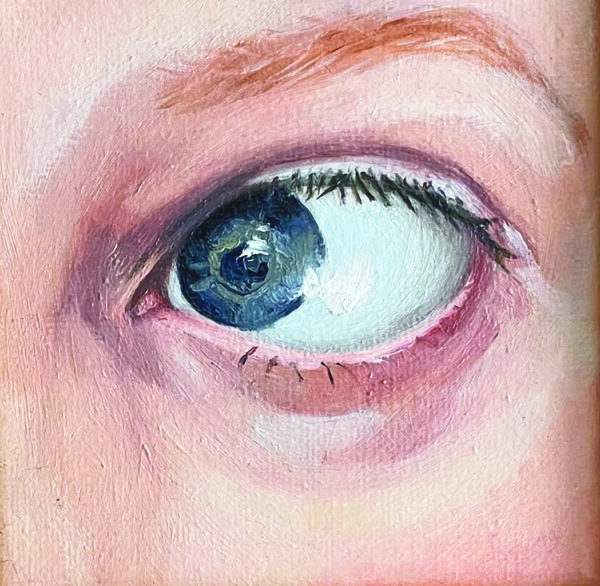 Mini olieverf schilderij van een blauw oog dat weg kijkt.