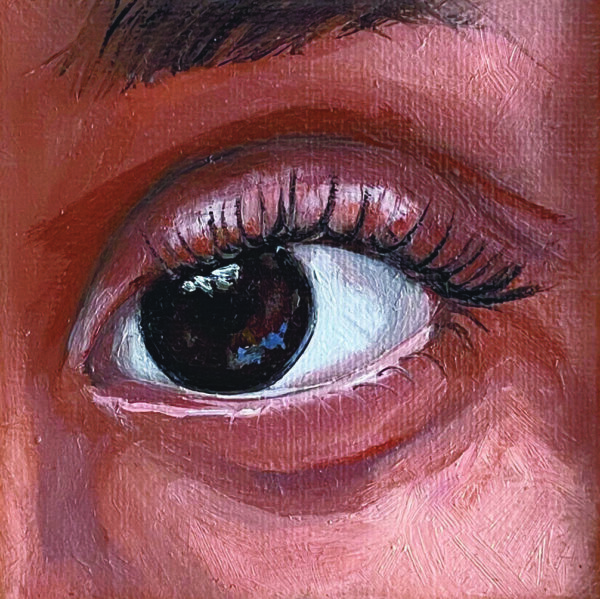 Mini olieverf schilderij van een bruin oog dat de toeschouwer aankijkt.