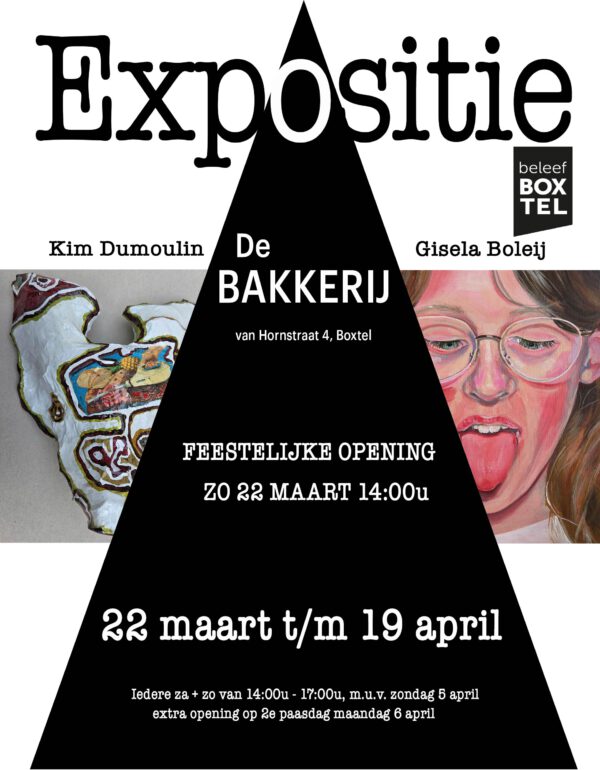 Poster van expositie van Kim Dumoulin en Gisela Boleij in De Bakkerij in Boxtel